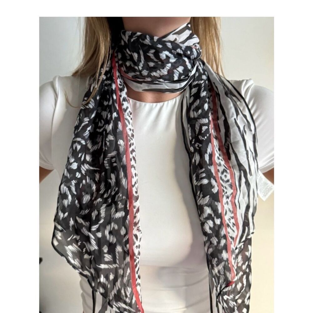 Cabi Fable 100% Silk Scarf Black and White Animal Print Scarf #4030 New - Picture 6 of 10